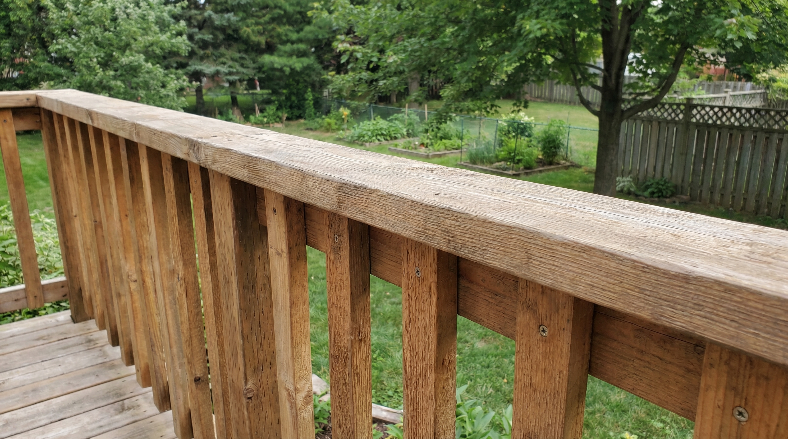Wooden deck with railing and balusters