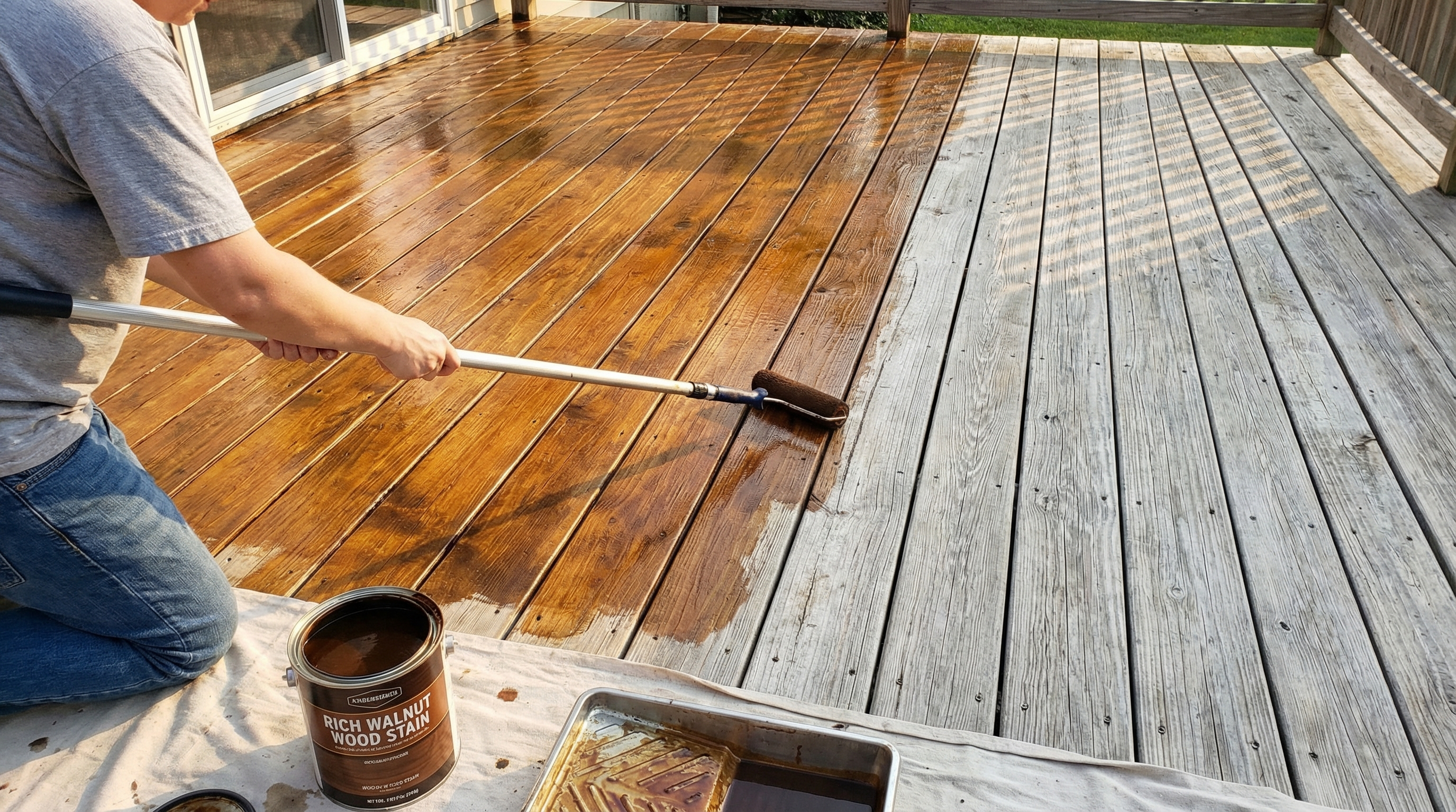 Deck stain being applied to wood
