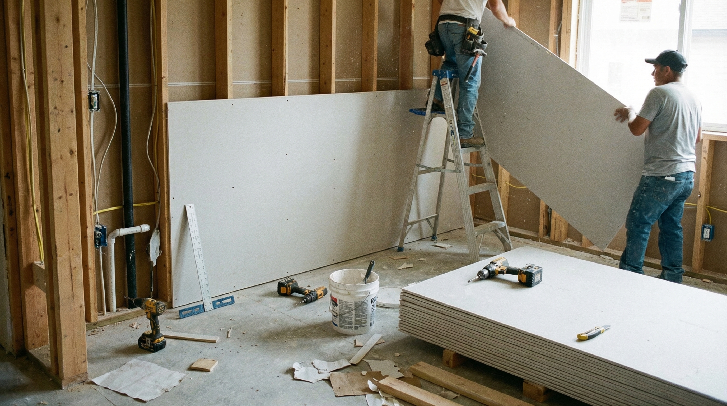 Drywall sheets being installed