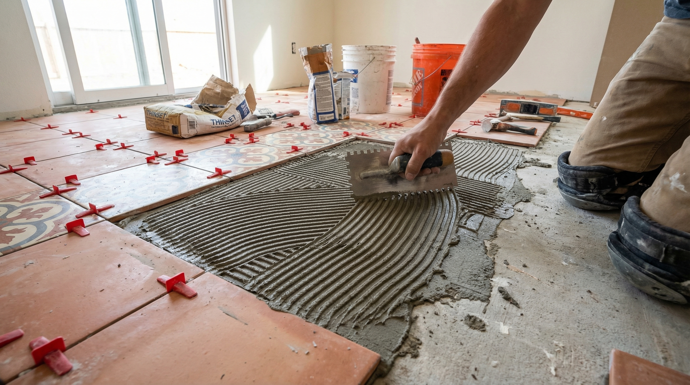 Tile floor installation in progress