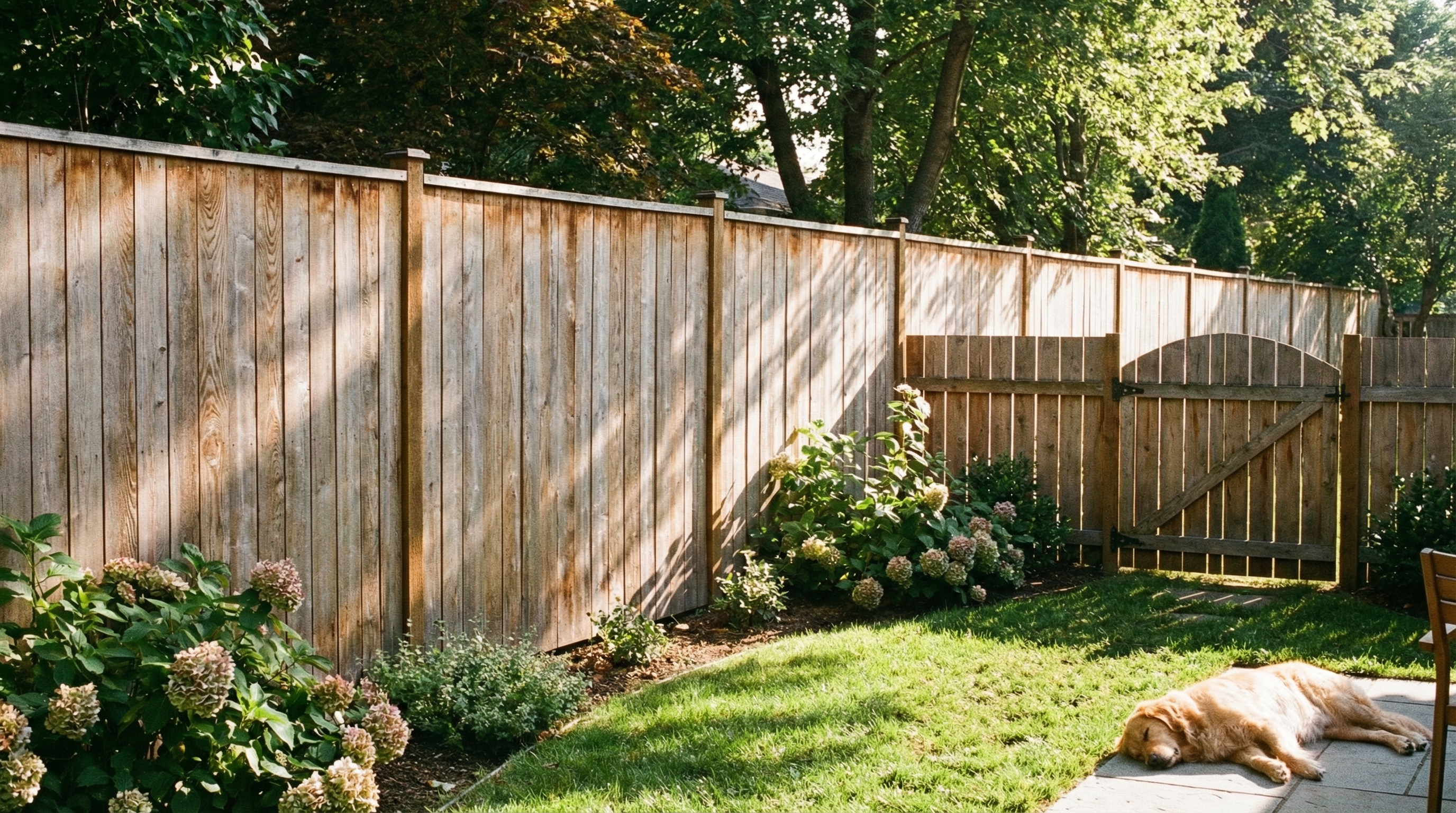 Wooden privacy fence in backyard